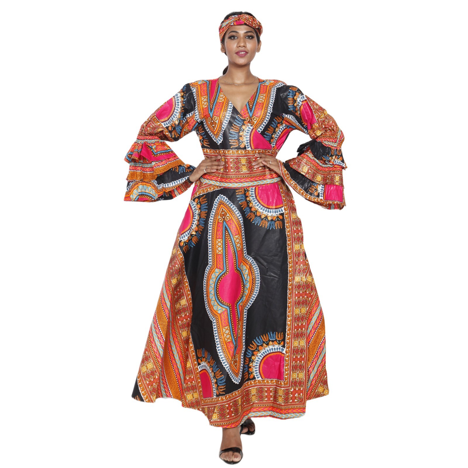 African Women's Dashiki Ruffle Sleeve Maxi Wrap Dress -- FI-D70 FS