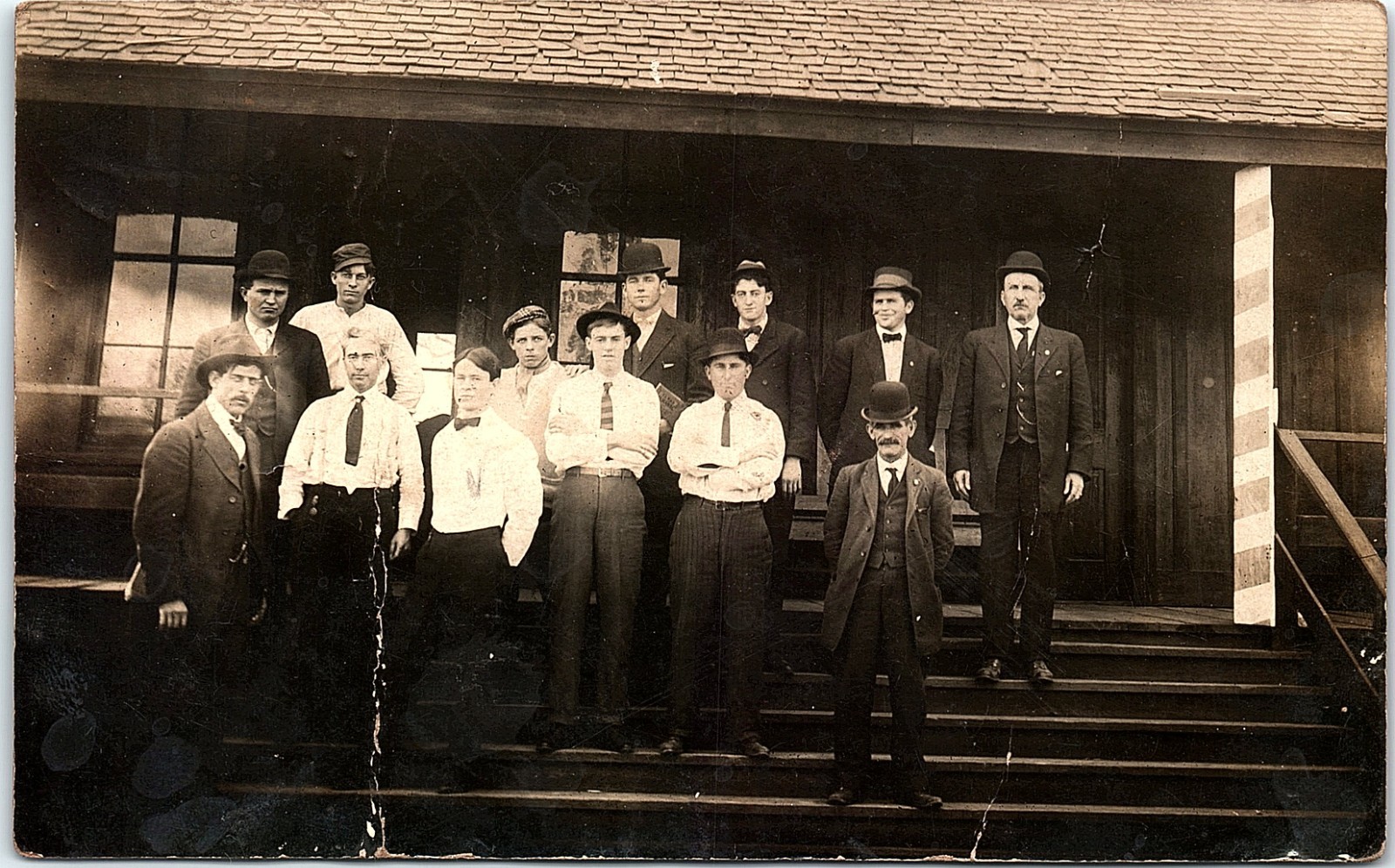 Vintage RPPC Group Men Portrait Lodge Club Real Photo Postcard CREASED/BENT