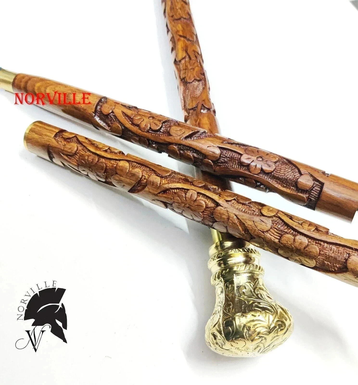 Vintage Fancy Hand Carved Walking Stick Wooden Cane Victorian Brass Handle Vintage Fancy Hand Carved Walking Stick Wooden Cane Victorian Brass Handle