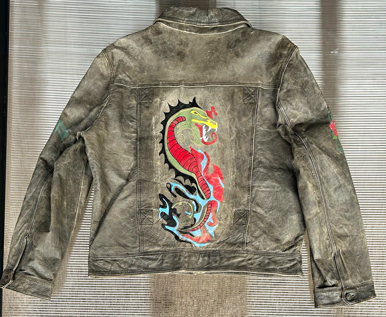Vintage Scully Leather Jacket Large Custom Hand Painted Dragon Distressed Y2K
