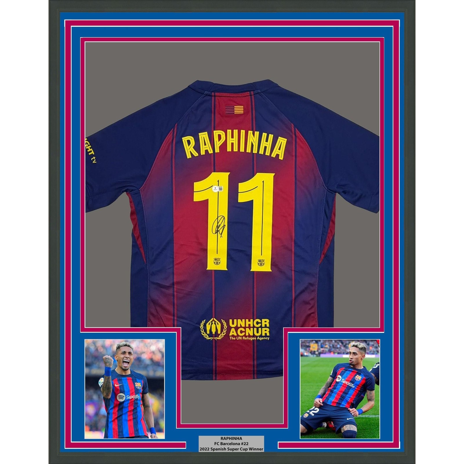 Framed Autographed/Signed Raphinha 35x39 Barcelona Blue #11 Jersey BAS COA