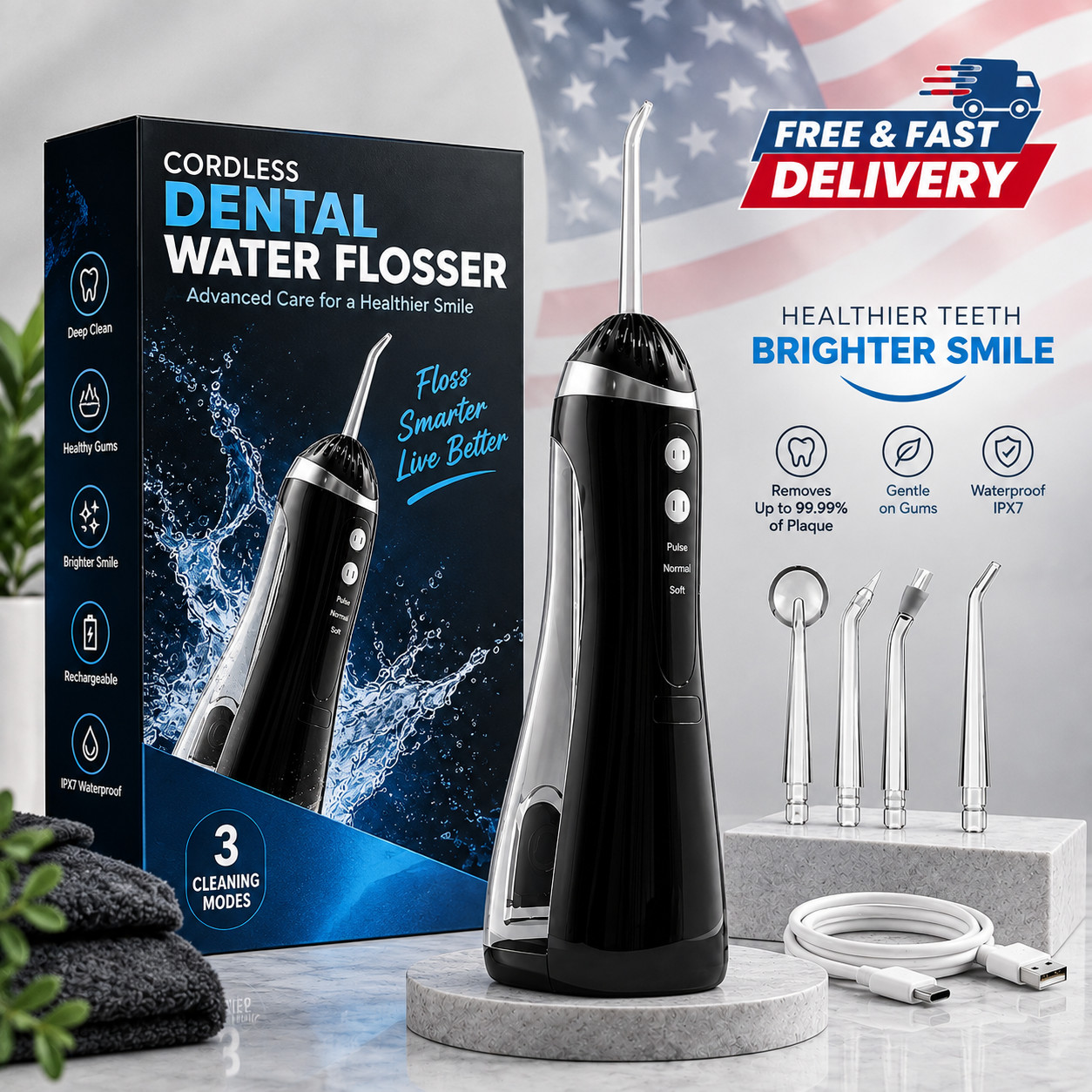 Cordless Rechargeable Water Dental Flosser Oral Irrigator with 3 Modes, 300mL Cordless Rechargeable Water Dental Flosser Oral Irrigator with 3 Modes, 300mL