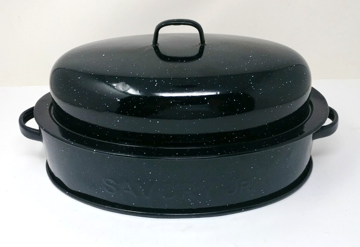 Savory Jr Vintage Kitchen Roaster & Lid  Black White Speckled  Enamelware