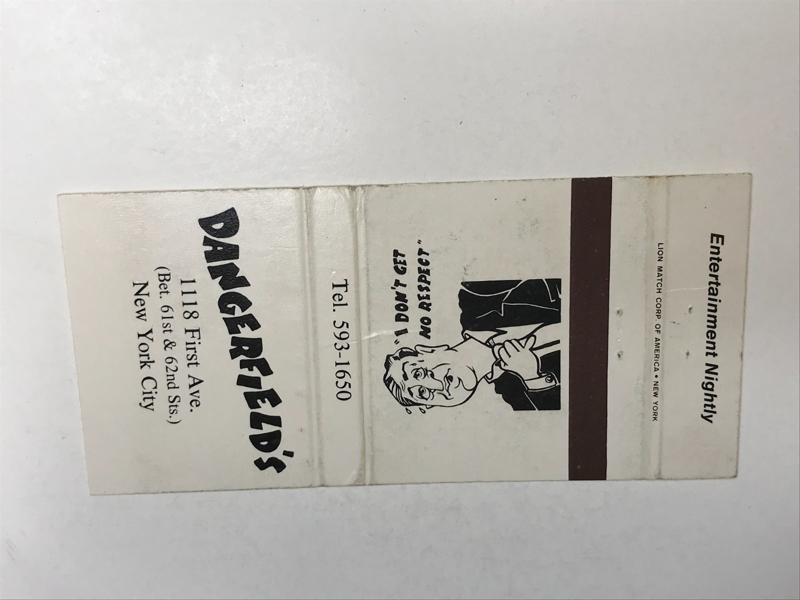 BA226 Matchbook Cover Dangerfield\'s Restaurant Entertainment New York City NY