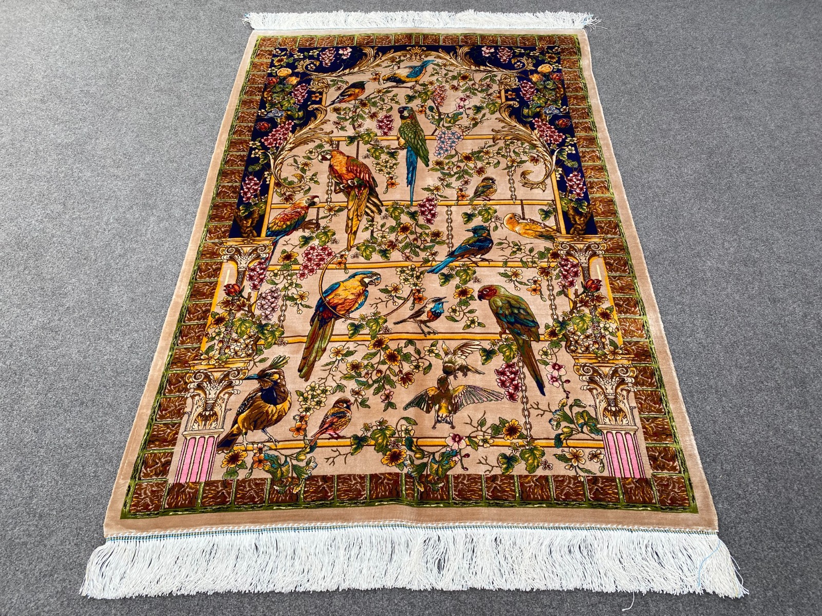 Fine Silk Rug 3.4x4.10 Parrot Bird Garden Pictorial Wall Art Accent Rug