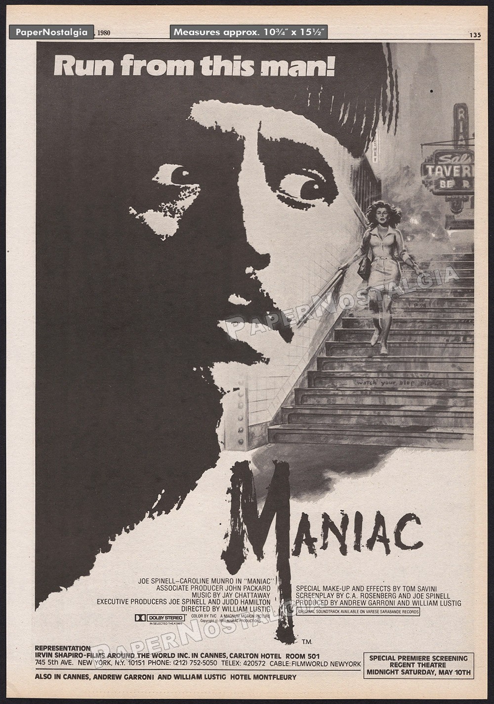 MANIAC – Original 1980 Trade AD / poster – Premiere Screening – Joe Spinell