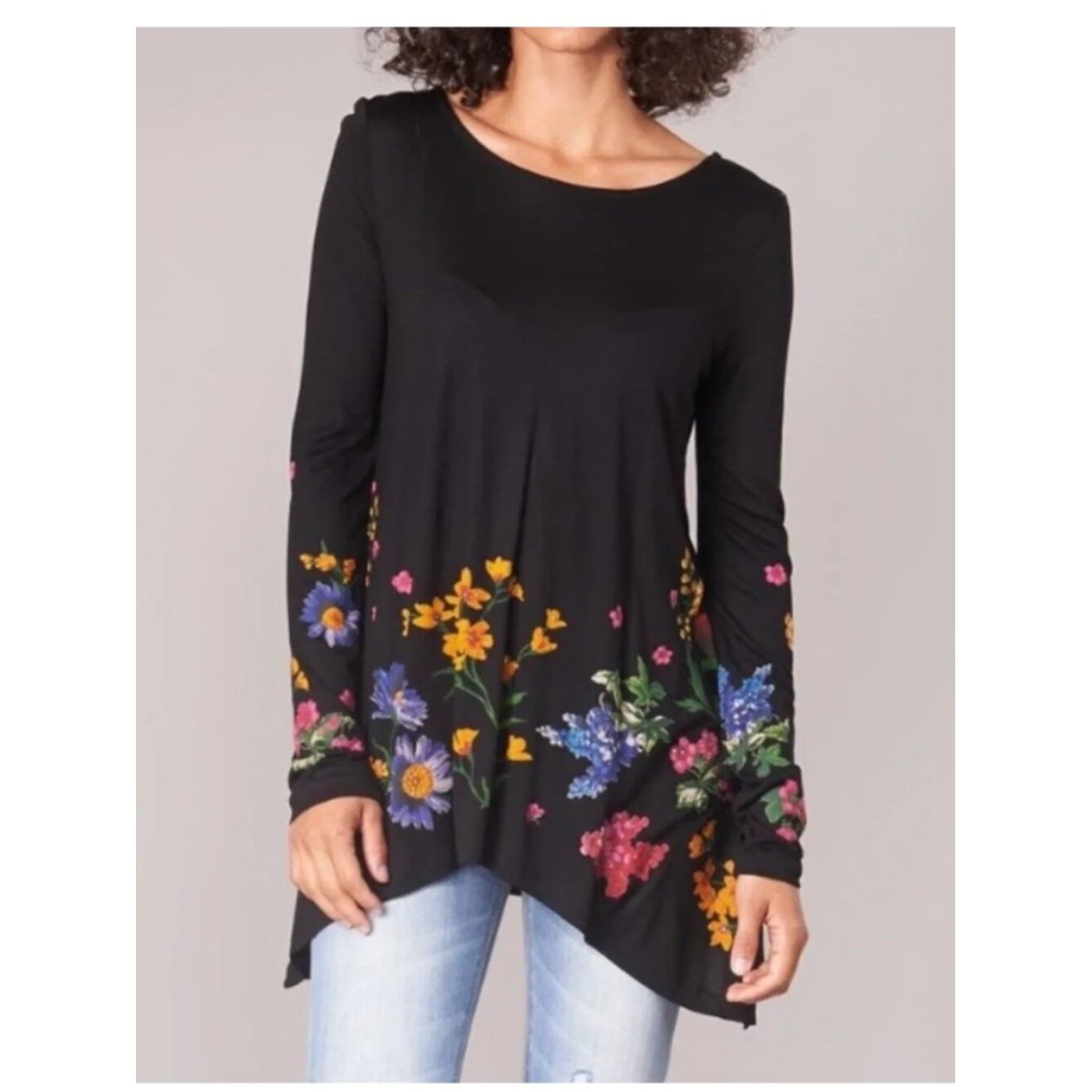 Desigual Black Yellow Blue Floral Asymmetric Hem Long Sleeve Tunic Corinne Shirt