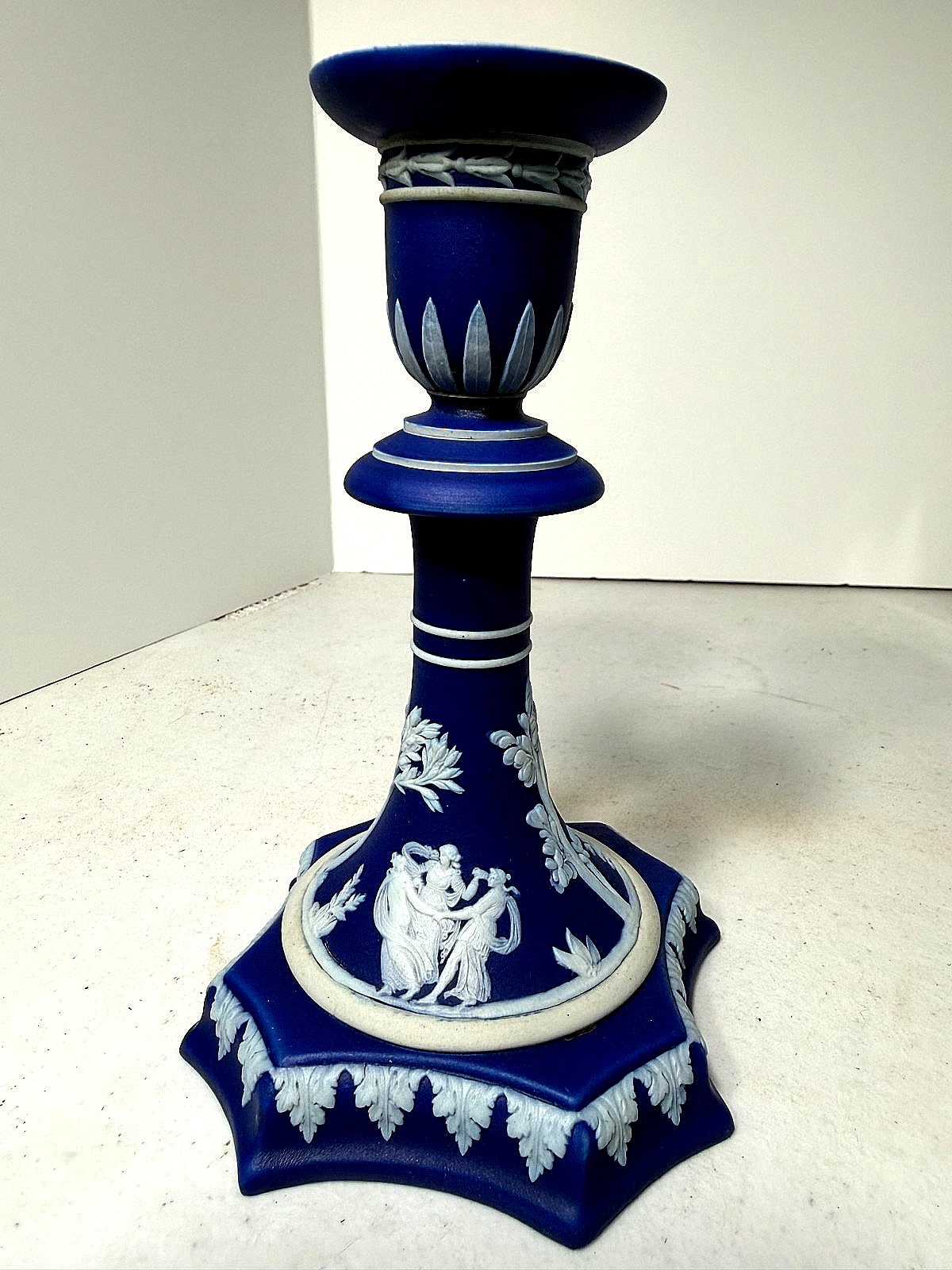 Rare - 19th C. - Wedgwood Jasperware Dark Blue - Octagon - Candlestick 7