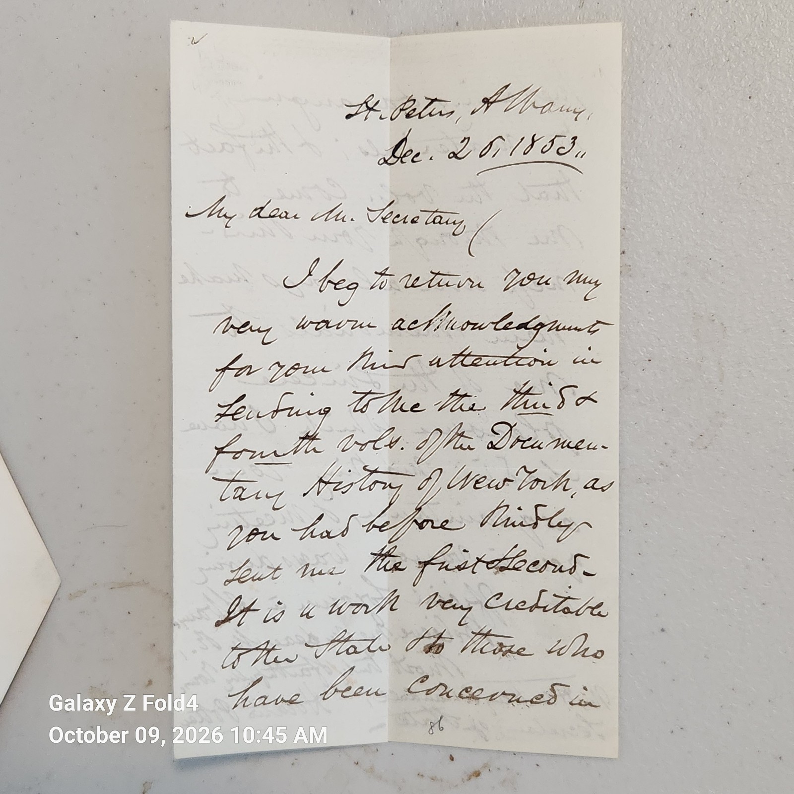 Horatio Potter Signed Letter to Henry S. Randall Secretary of State Albany 1853