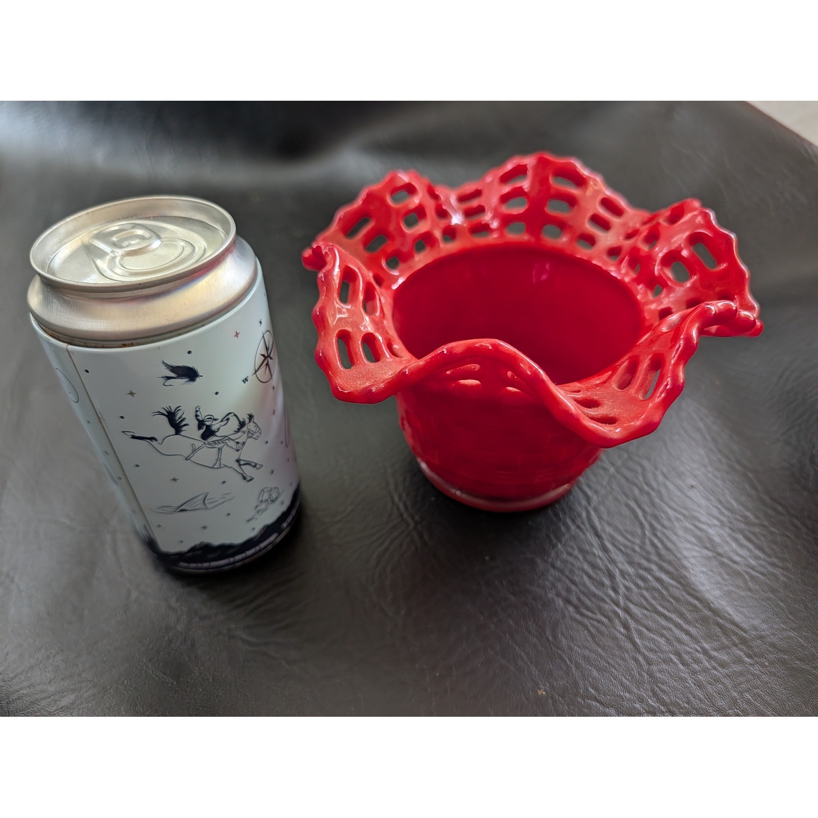 Fenton Mandarin Red Slag Glass Basket Weave Open Lace Ruffled Bowl 5.5 in Fenton Mandarin Red Slag Glass Basket Weave Open Lace Ruffled Bowl 5.5 in