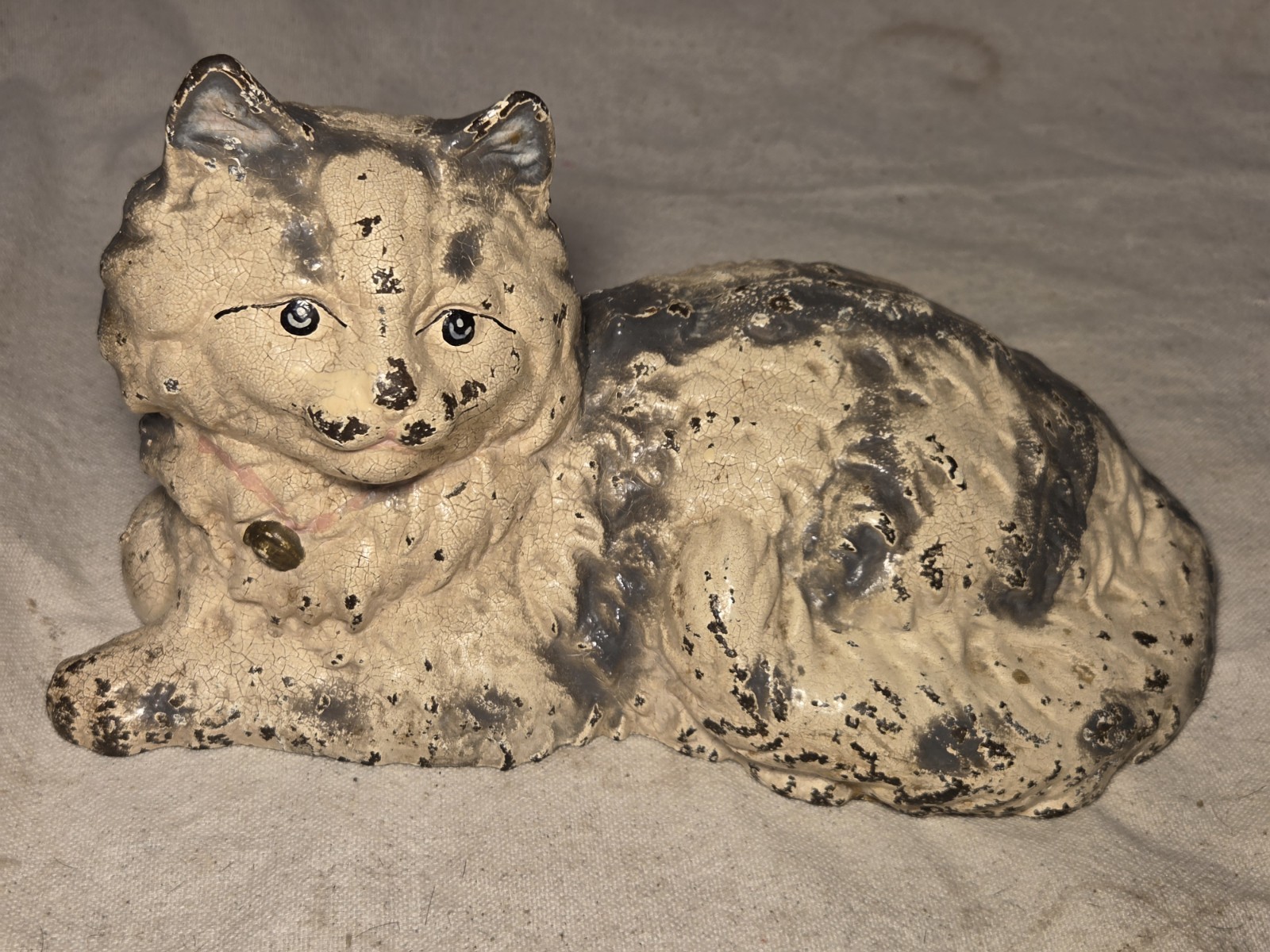 Antique Cast Iron Littco Cat Doorstop In Original Paint, Pink Bow Hubley Antique Cast Iron Littco Cat Doorstop In Original Paint, Pink Bow Hubley