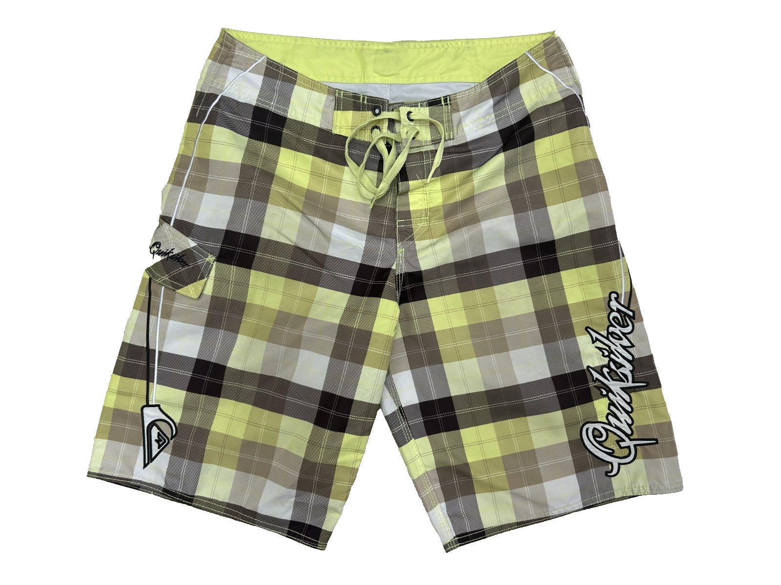 Vintage Quiksilver Boardshorts Mens 32 Y2K Yellow Plaid Embroidered Surf Trunks