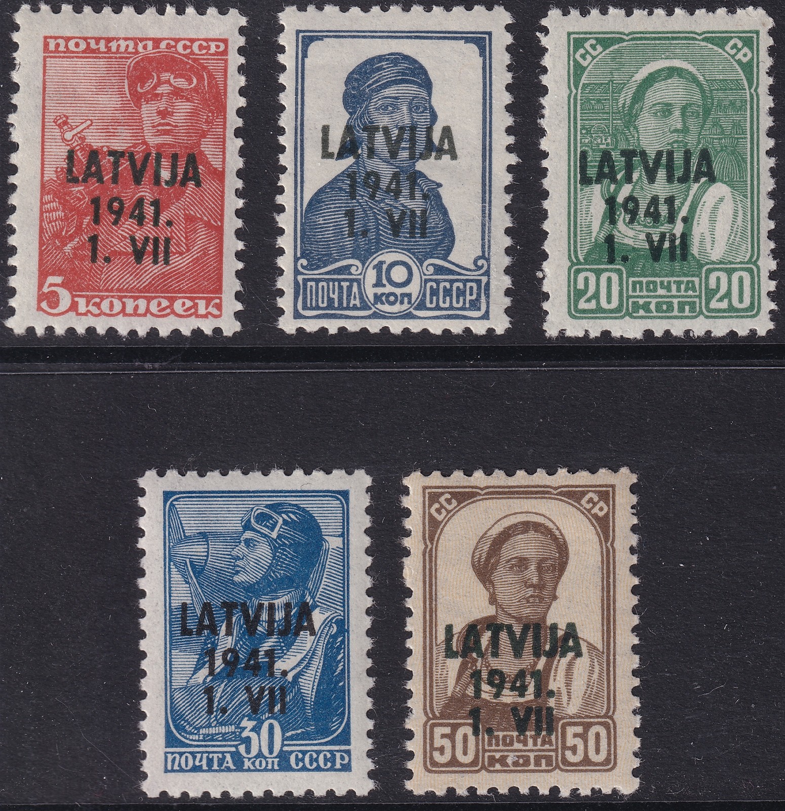 Stamp Germany Lettland Mi 1-2, 4-6 1941 WWII Latvia War Occupation Russia MNH