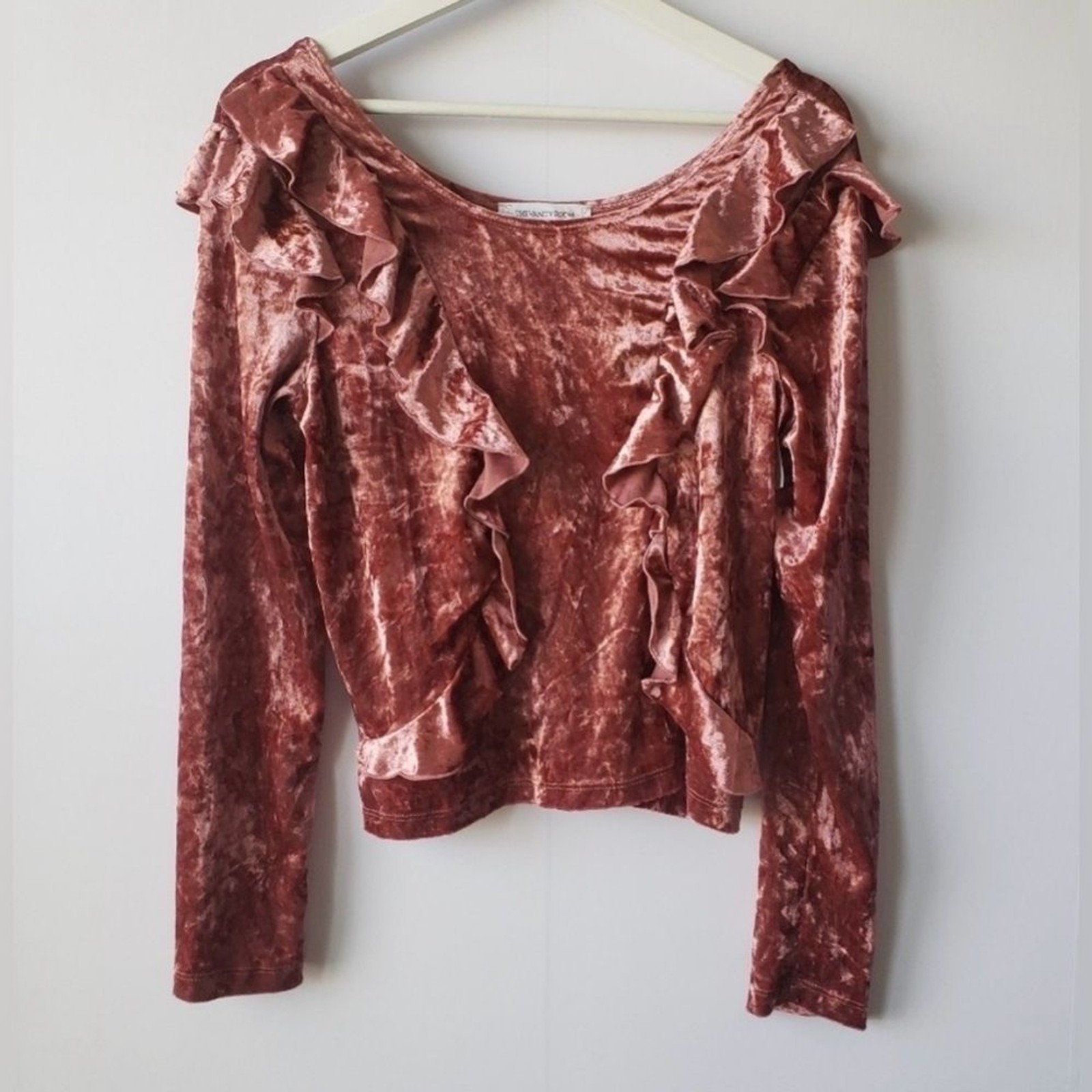 VANITY ROOM Crushed Velvet Ruffle Top - Pink/Mauve, Size: Small, EUC (PM-33)