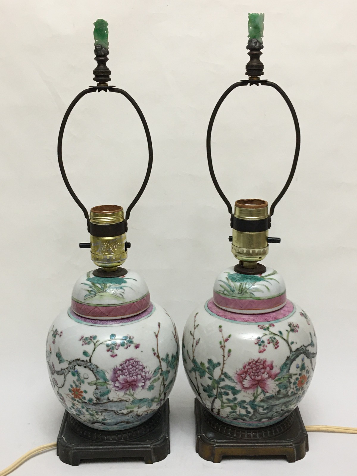 Pair Antique Chinese Famille Rose Porcelain Ginger Jar Table Lamps w jade Finial