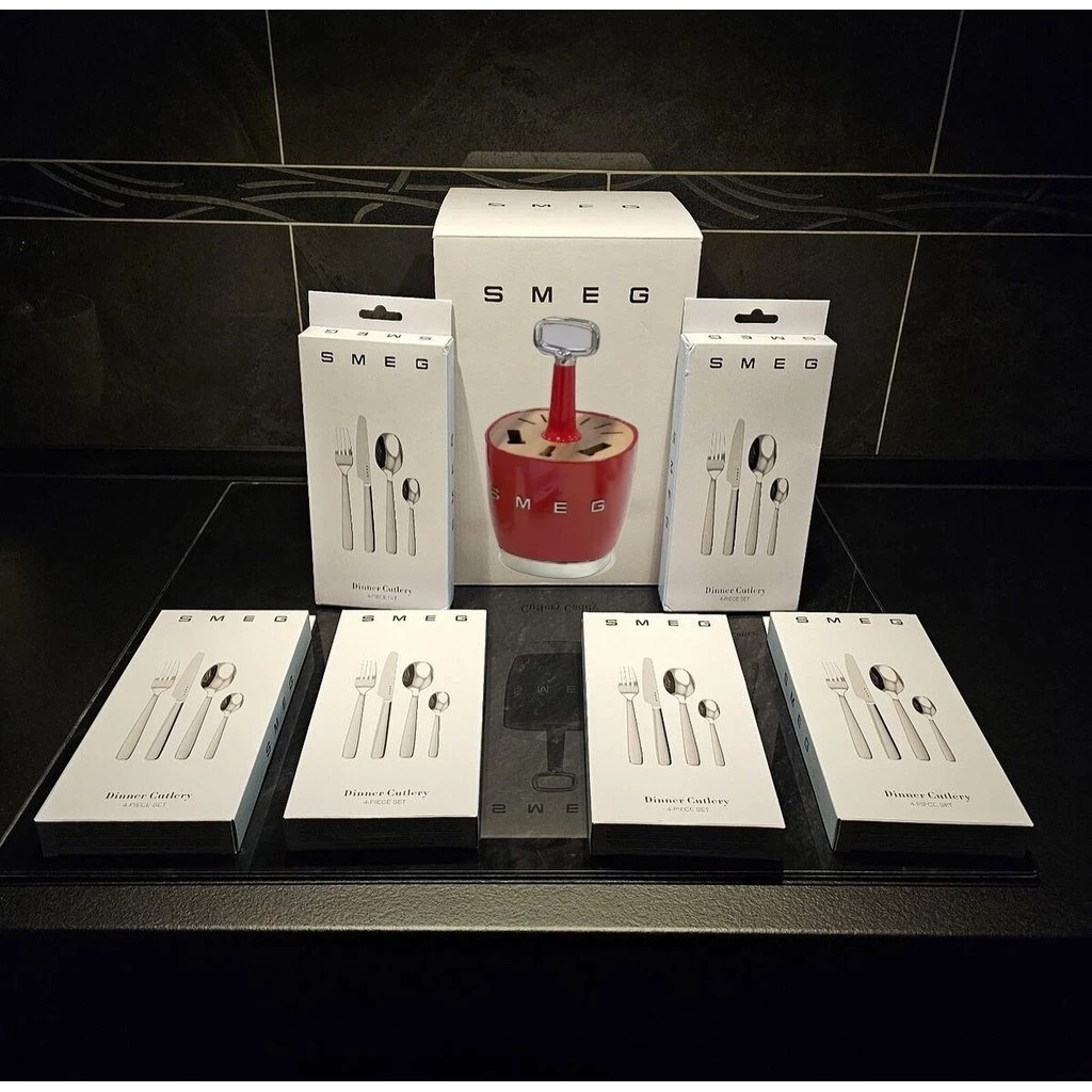 💯SMEG 7 Pieces Cutlery Caddy holder in RED & Smeg Dinner Cutlery set (DHL Ship)