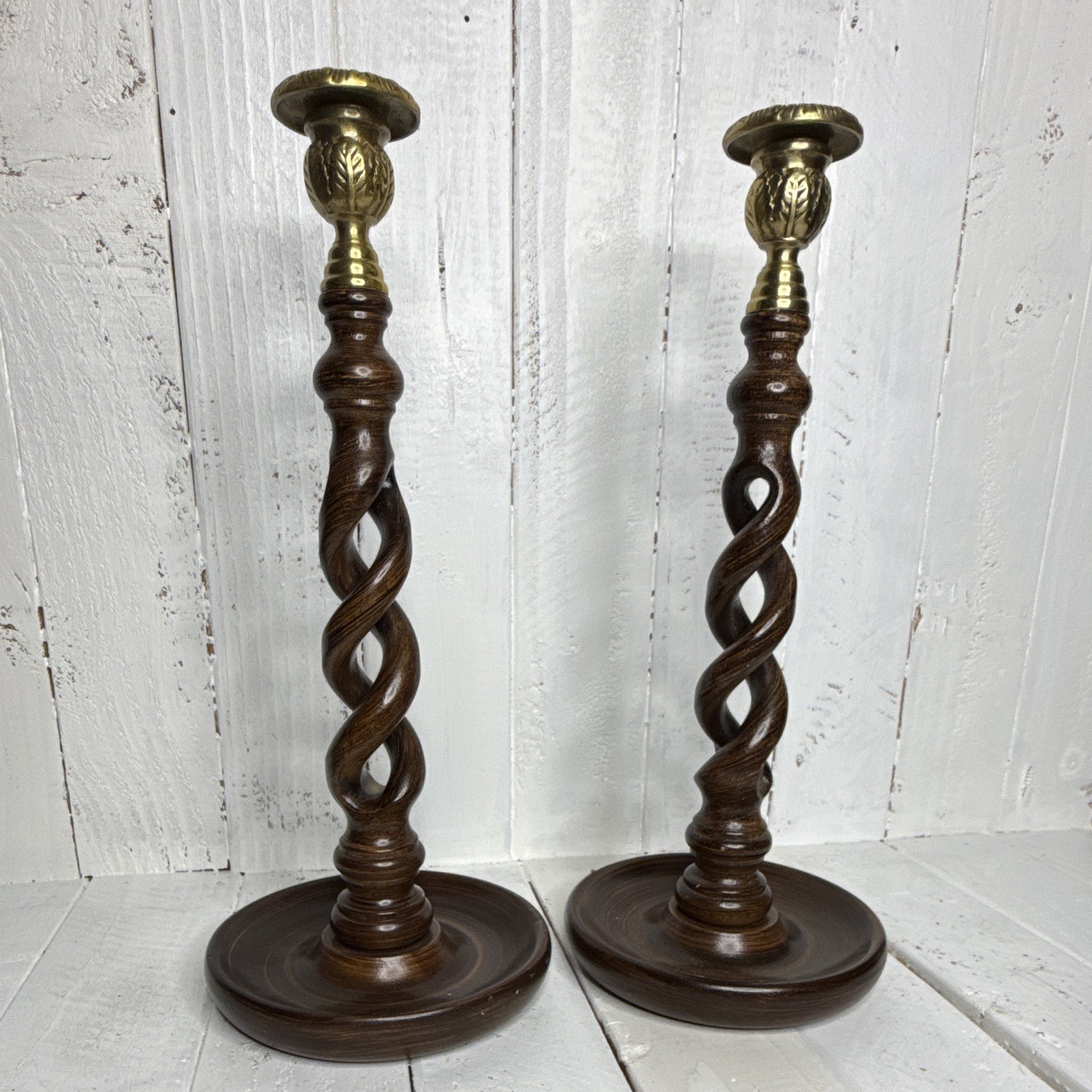 Vintage Pair Barley Twist Wood Brass Candlesticks Openwork Candle Holders Vintage Pair Barley Twist Wood Brass Candlesticks Openwork Candle Holders