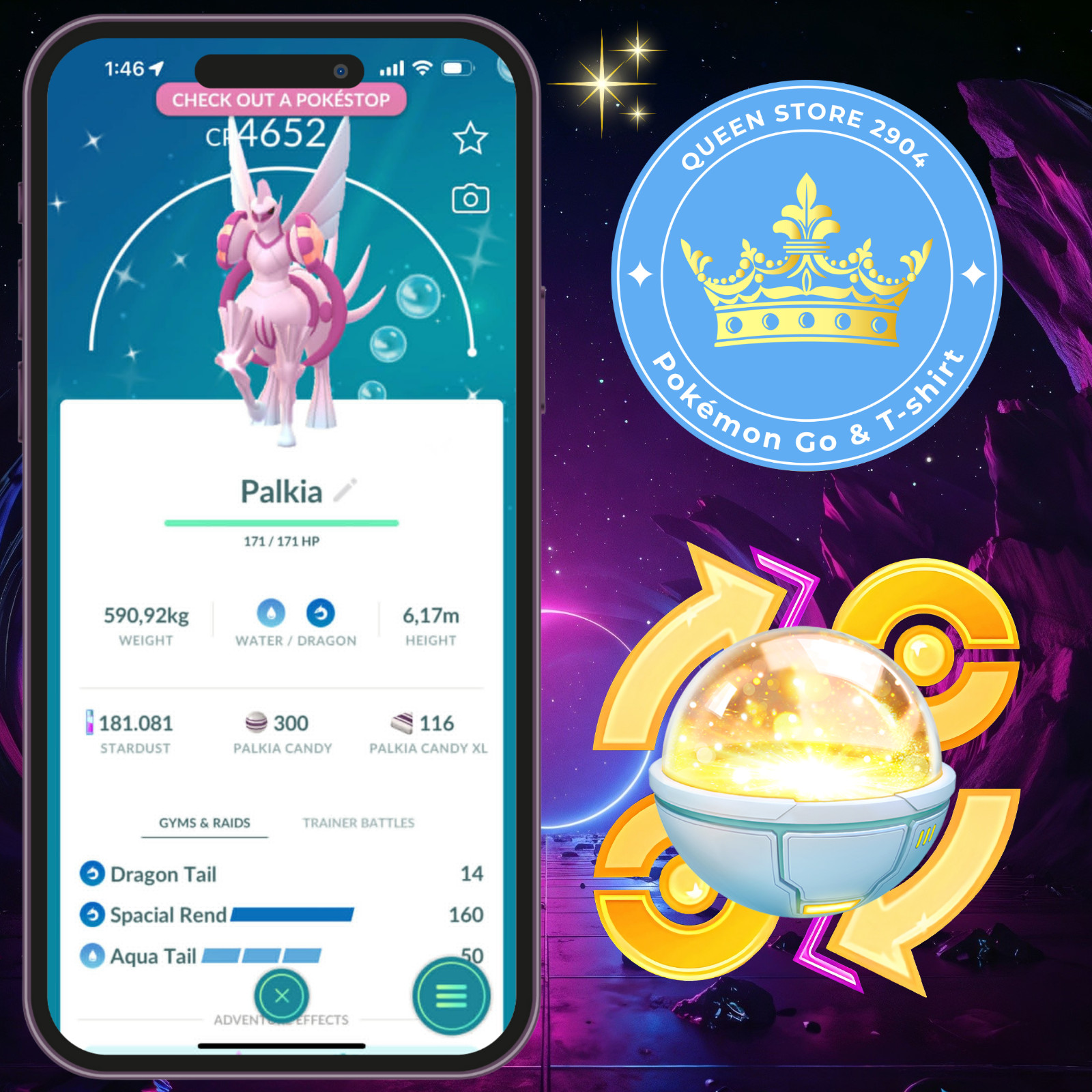 PTCentraI—TRADE GO— Shiny Palkia Origin Level 50—3 Movesets Spacial Rend—Digital