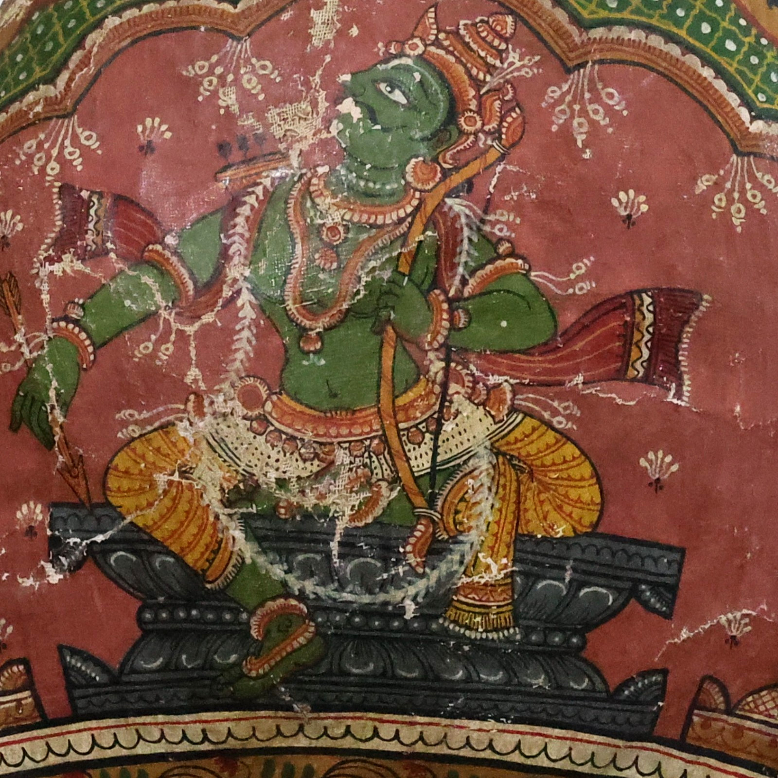 Early 20thC Antique 3-Sided Hand Painted Coconut Shell Ganesha Krishna Rama