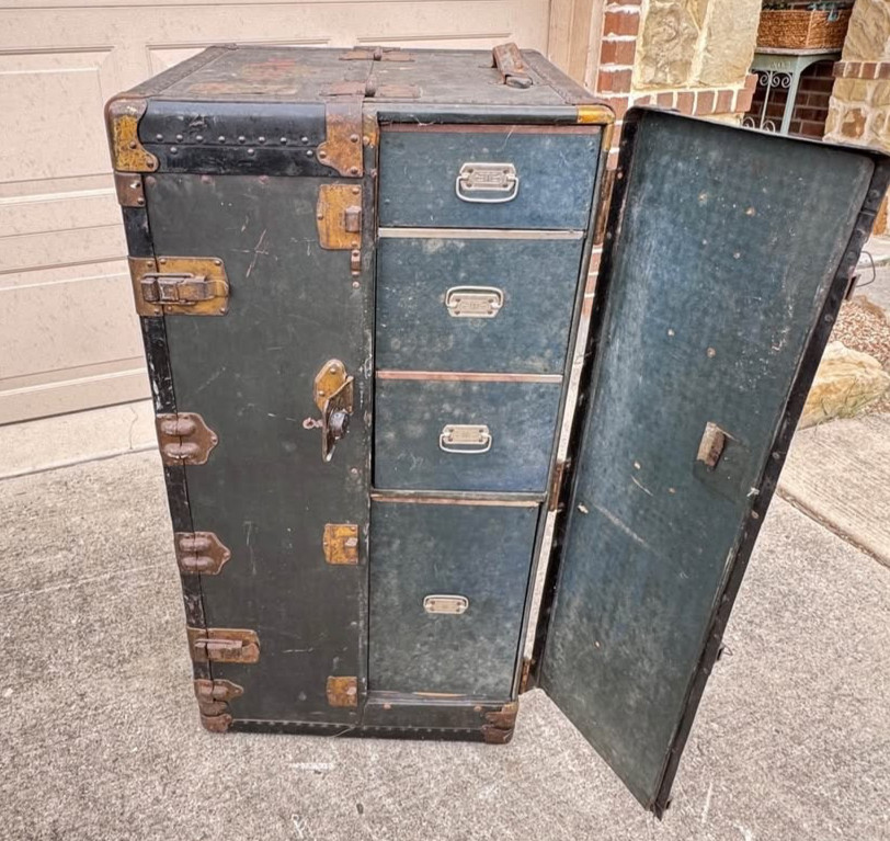 Antique Marshall Field & Co Chicago Wardrobe Steamer Trunk Cabinet w Drawers Key