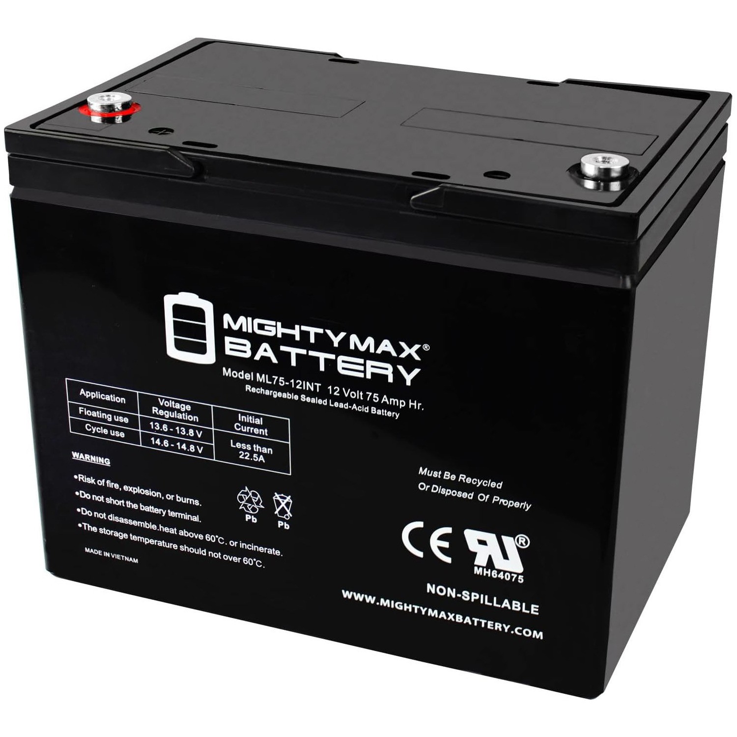 Mighty Max 12V 75Ah Internal Thread Battery Replaces Quickie P300-P210-P320