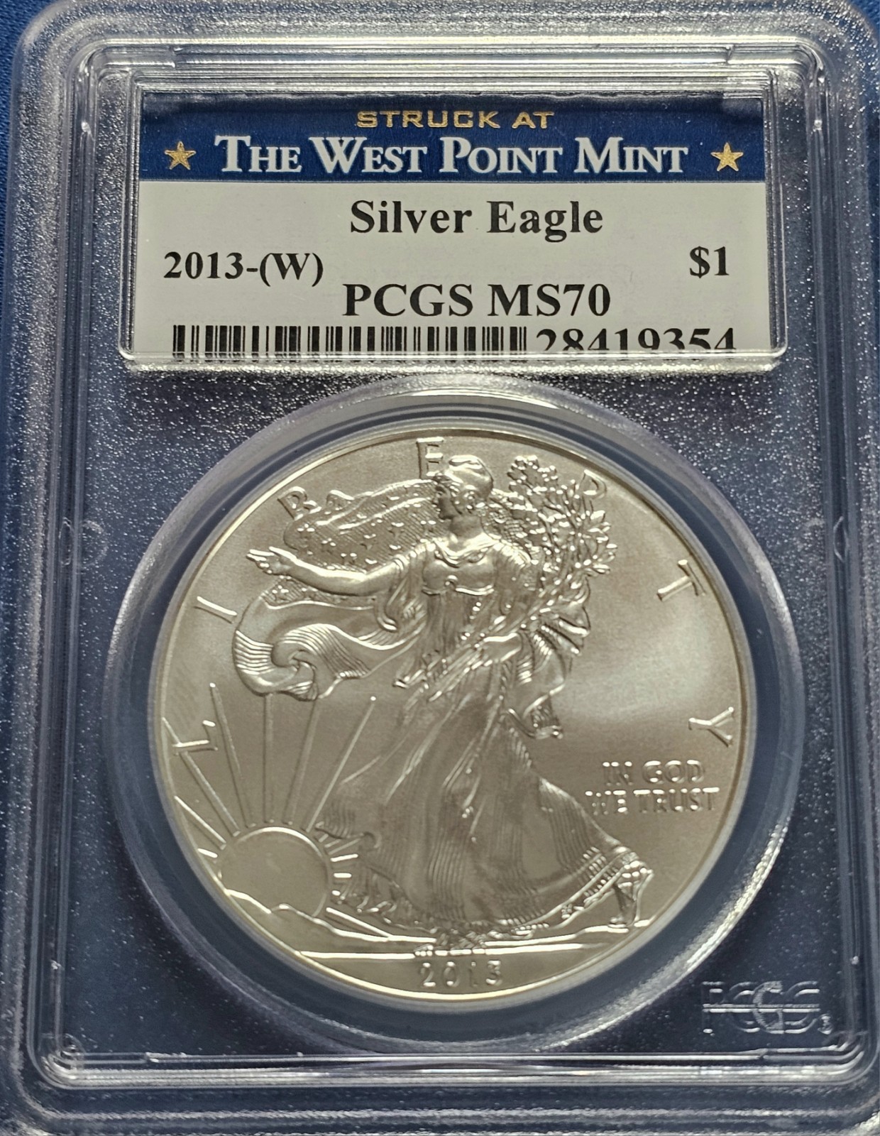 2013 (W) $1 American Silver Eagle-PCGS MS70 Struck At West Point Mint Label
