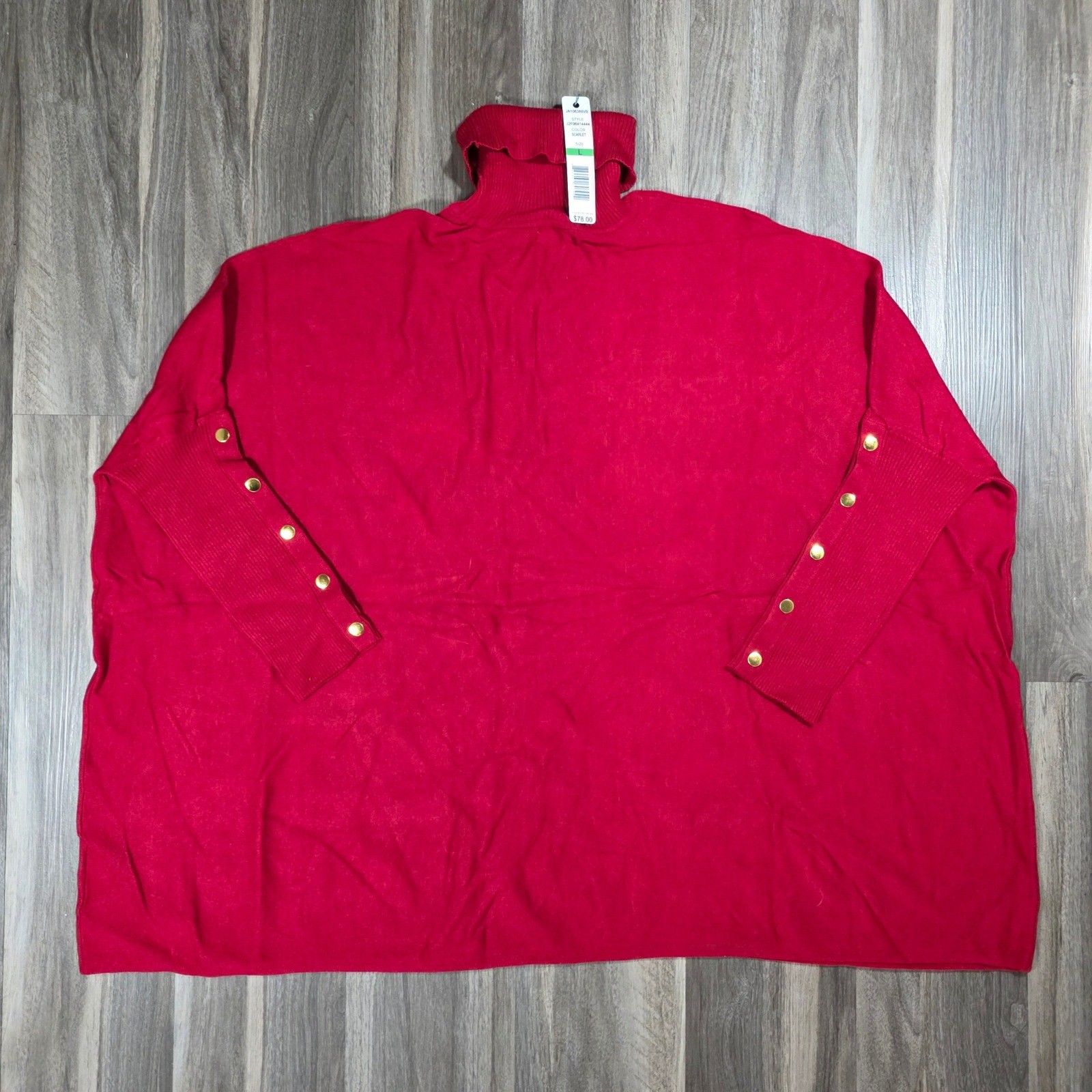 New Worthington Red Turtleneck Poncho Sweater Gold Button Cuffs Size L Scarlet