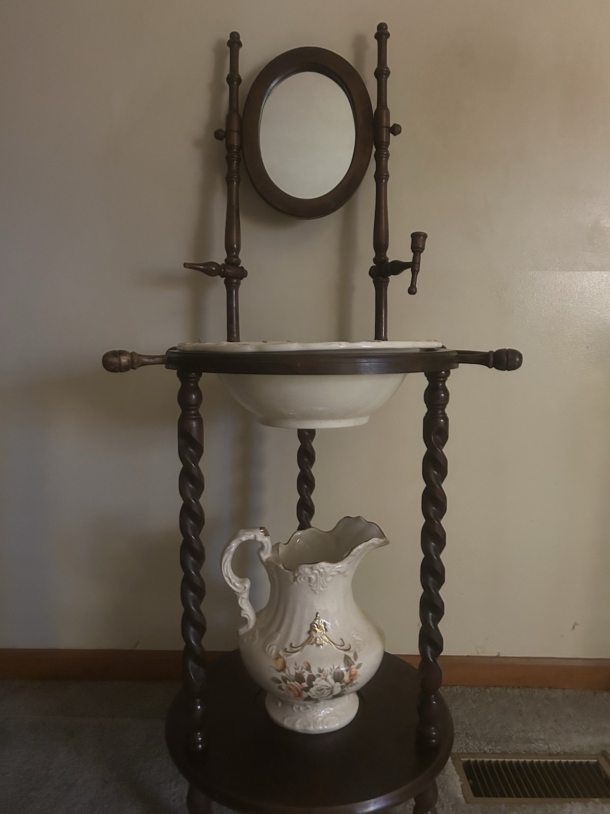 Antique Wooden Washstand with Mirror, Ceramic Pitcher and Basin, Dark Wood Tone Antique Wooden Washstand with Mirror, Ceramic Pitcher and Basin, Dark Wood Tone