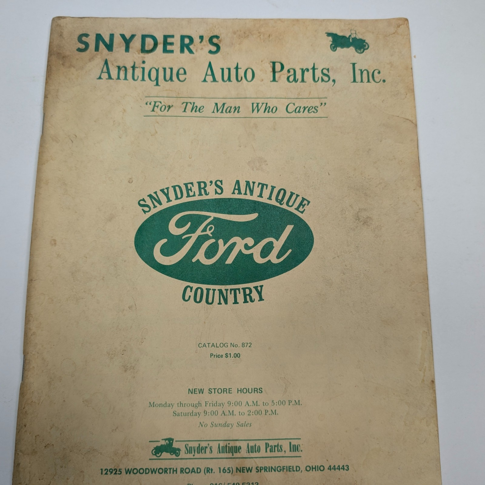 Snyder's Antique Ford Country Auto Parts Catalog No 872 New Springfield OH Vtg Snyder's Antique Ford Country Auto Parts Catalog No 872 New Springfield OH Vtg