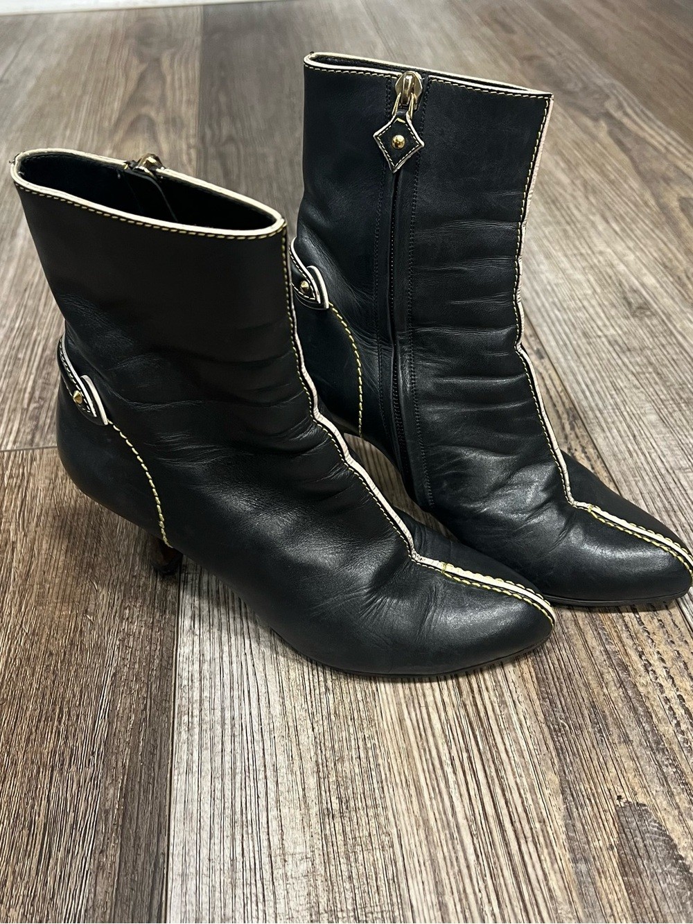 Vintage Louis Vuitton Black Leather Ankle Boots Heels Yellow Stitching Size 35