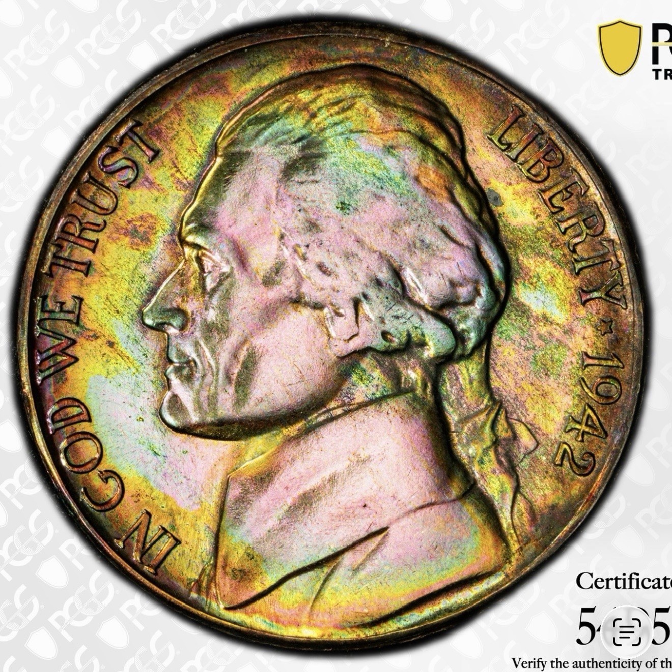 PCGS MS65 LUSTER INSANE RAINBOW TONING 1942S Jefferson Wartime Silver 5C Nickel PCGS MS65 LUSTER INSANE RAINBOW TONING 1942S Jefferson Wartime Silver 5C Nickel
