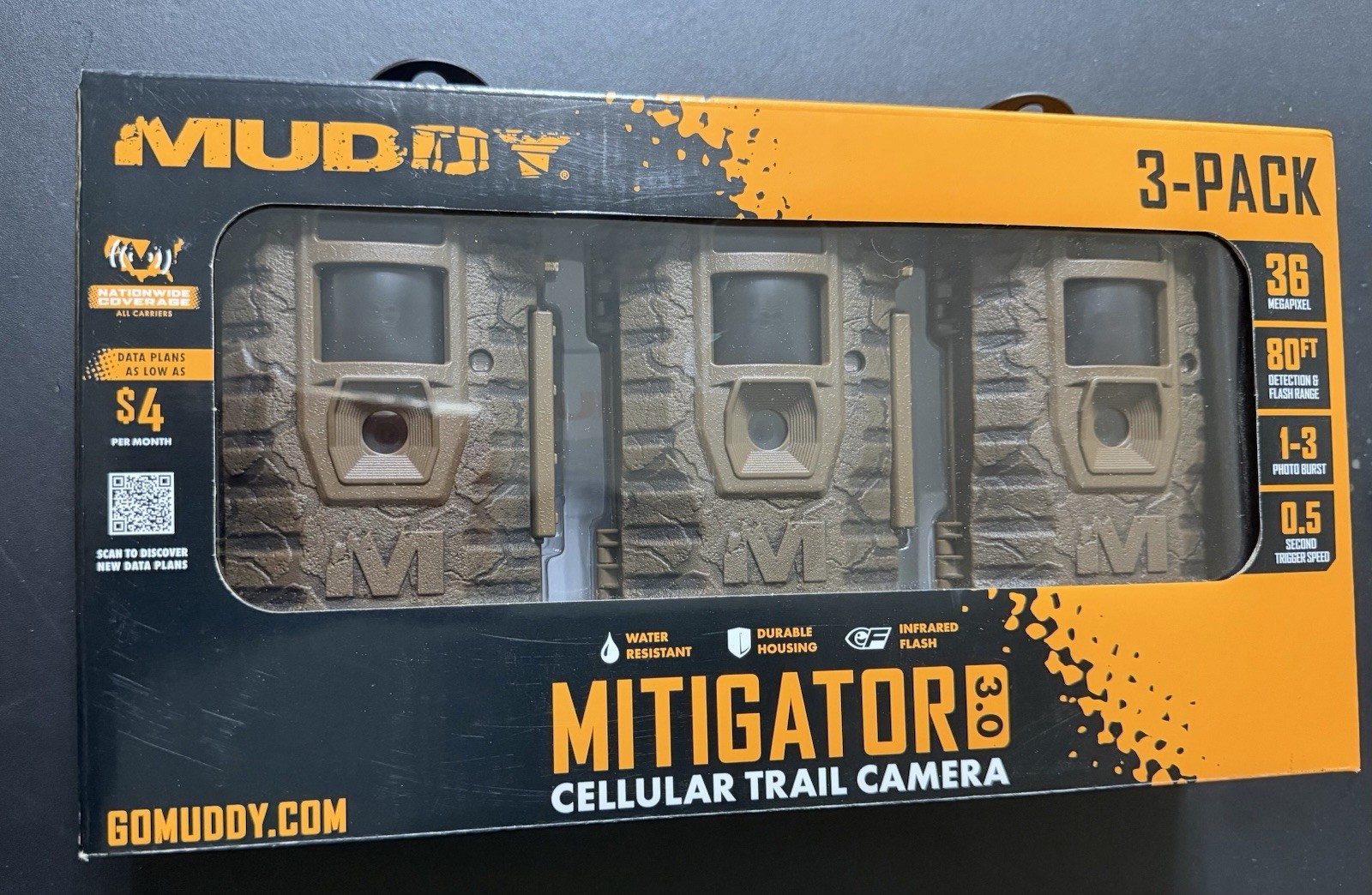 NEW Muddy Mitigator 3.0 Cellular Trail Camera 3-Pack 24MP New In Box NEW Muddy Mitigator 3.0 Cellular Trail Camera 3-Pack 24MP New In Box