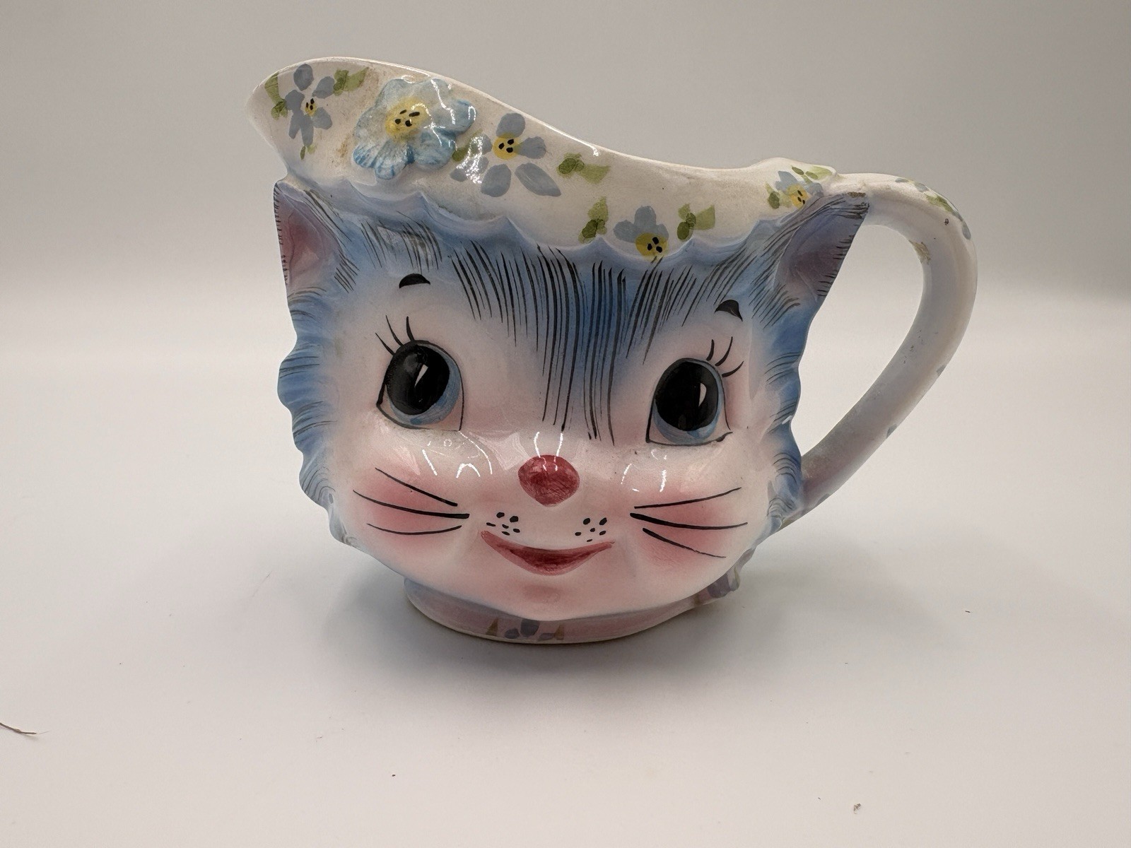 Lefton Miss Priss Blue Kitty Cat Floral Creamer #1508 Vintage, Made in Japan