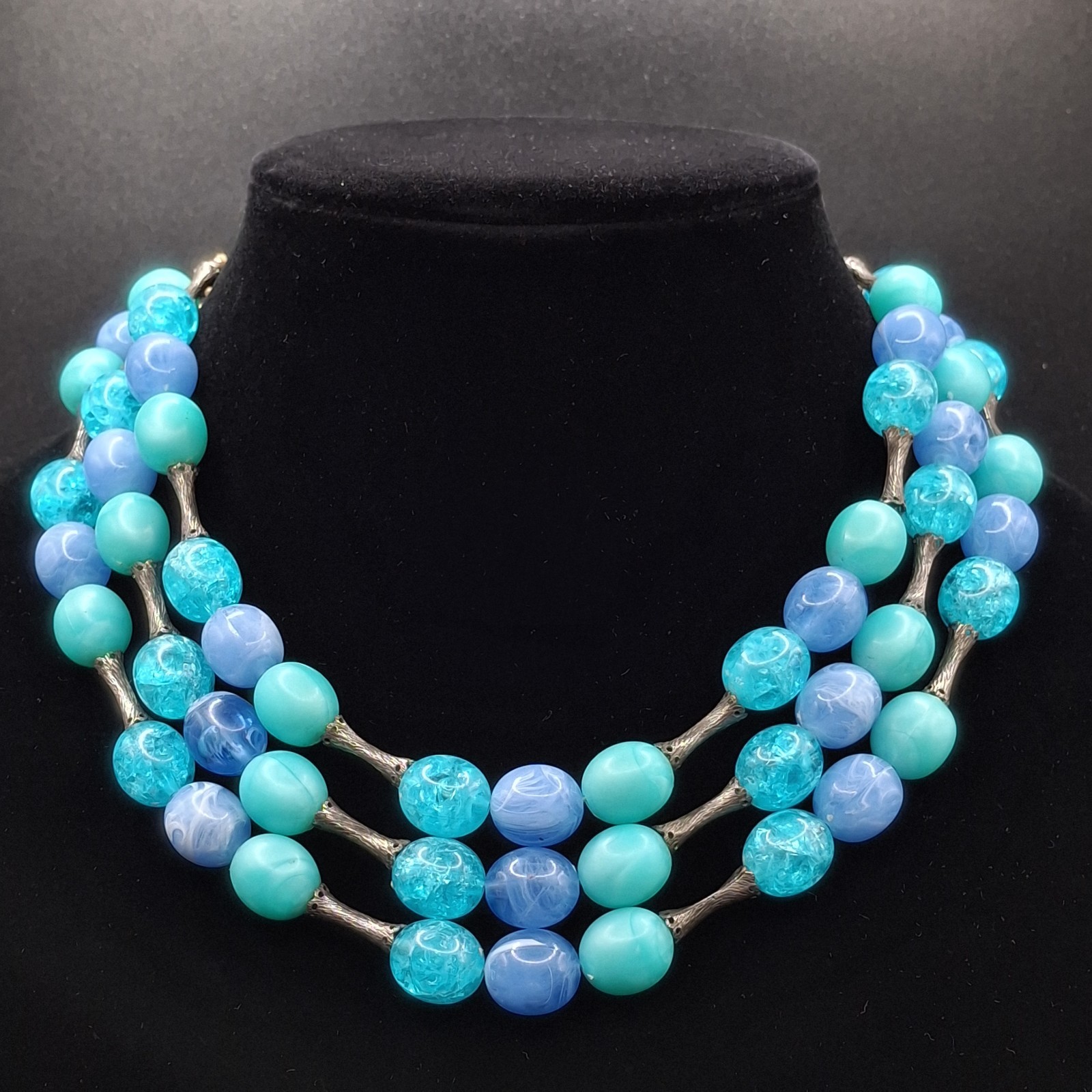 Vintage 1950s Triple Strand Blue Lucite Moonglow Statement Necklace Mid Century