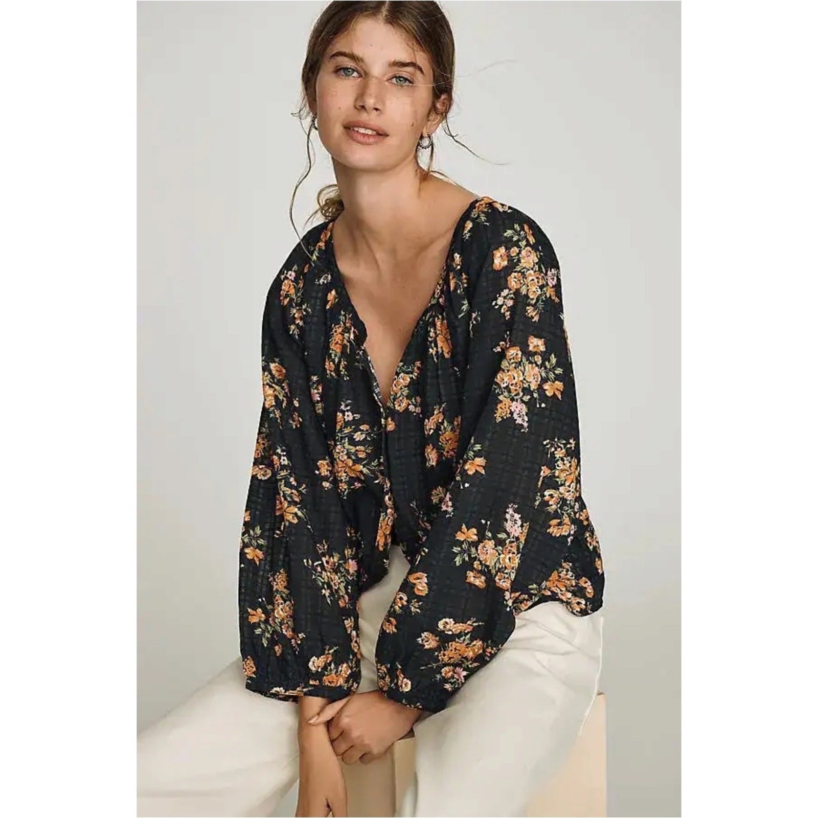 Anthropologie Bohemian Black Floral Pilcro Sidney Shrunken Scoop-Neck Blouse XL