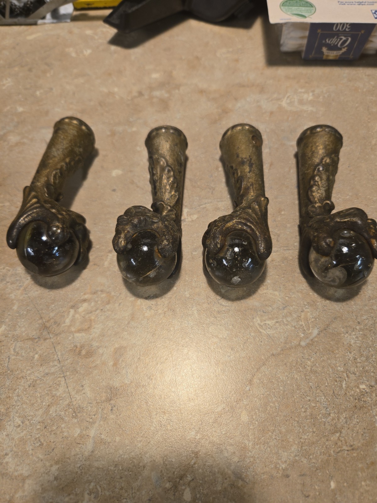 Antique Cast Iron Eagle Claw Foot and Glass Ball Hardware Set of 4