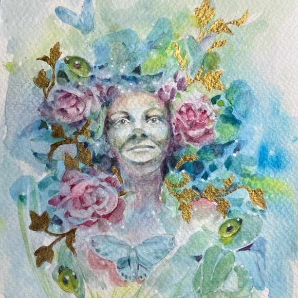 ORIGINAL Butterfly Floral Painting Nature Art Woman Whimsical Flowers Artwork US