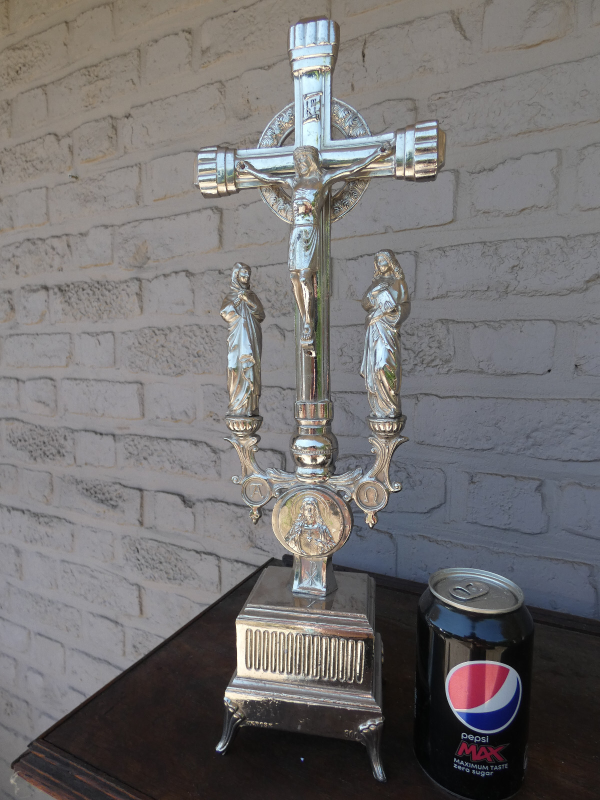 Antique Belgian spelter Metal Calvary crucifix Antique Belgian spelter Metal Calvary crucifix