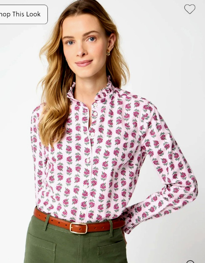 J. Crew Women\'s Pink Multi Floral Cotton Poplin Ruffle Button-Up Shirt L