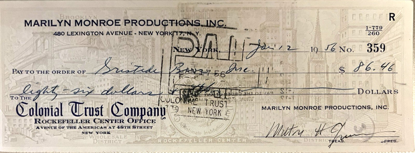 MARILYN MONROE PROD. RARE ORIG 1956 CHECK PAYS FOR MARILYN'S PERSONAL GROCERIES