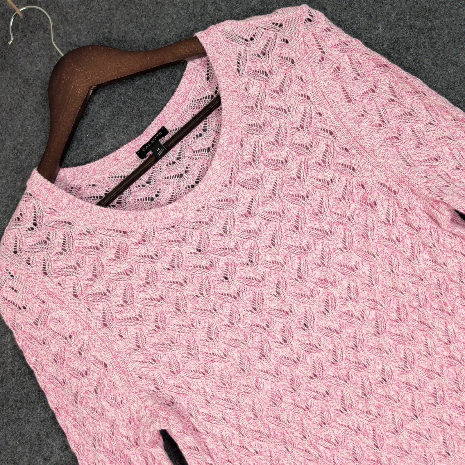 Talbots Womens Pink White Marled Pointelle Knit Long Sleeve Tunic Sweater Medium