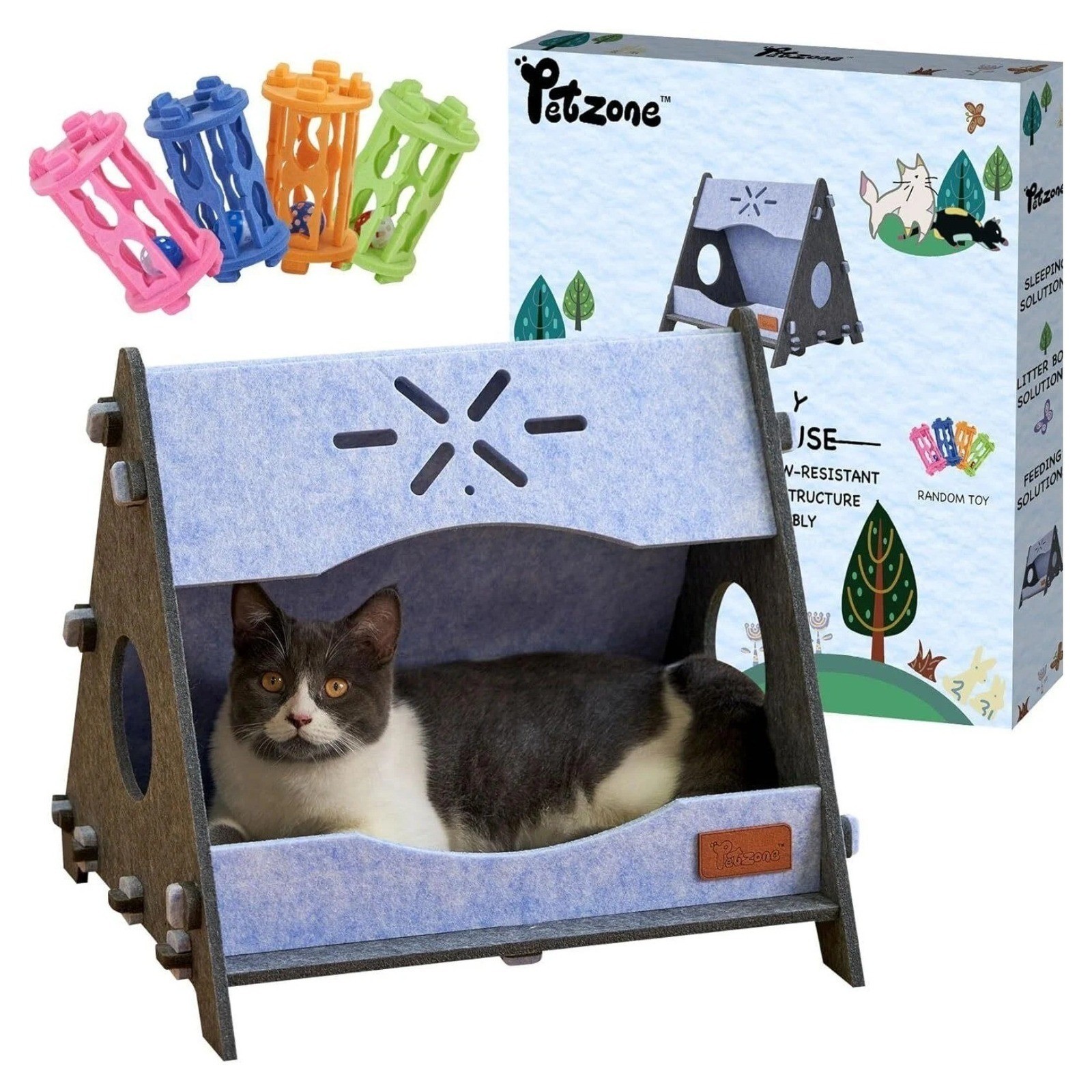 Petzone DIY Cat House Felt Pet Bed Claw Resistant Blue Grey with Toy