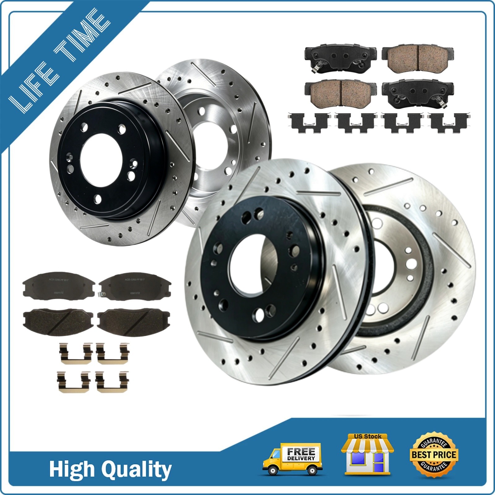 Front Rear Drilled Rotors Brake Ceramic Pad Fits 2004 - 2006 Hyundai Santa Fe