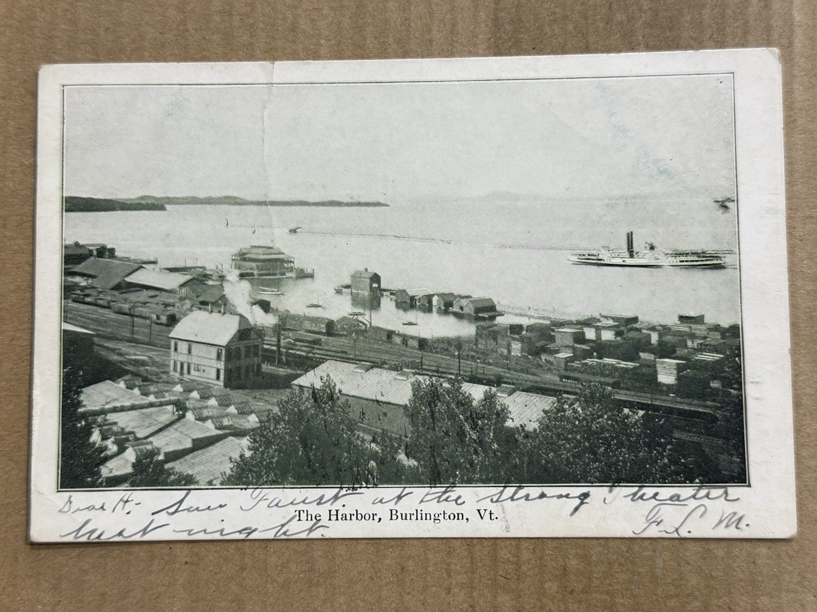 Postcard Burlington VT Vermont Harbor Railroad Train Cars Ship Vintage 1907 UDB