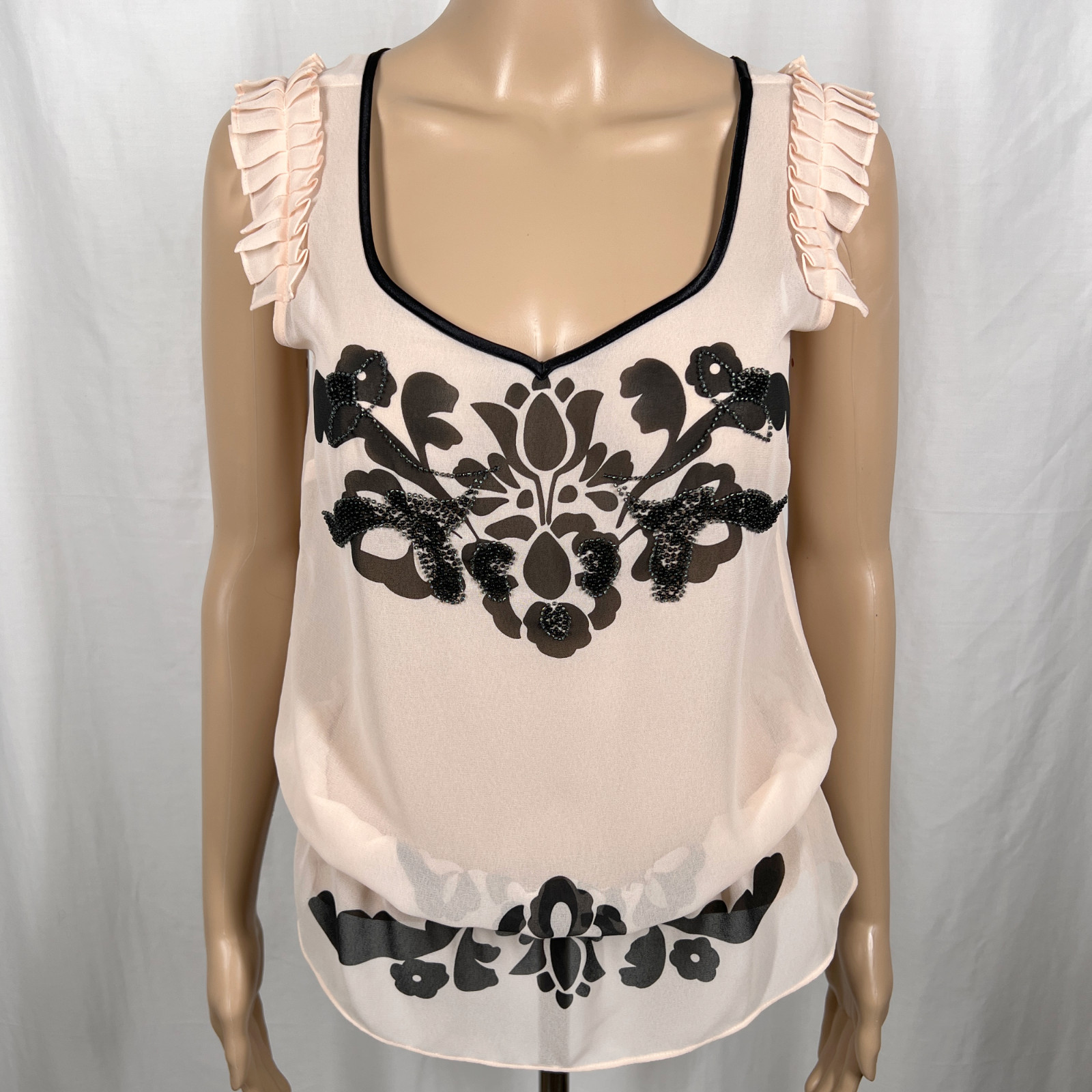 Express Women’s XS Pink Beaded Floral Applique Sheer Peplum Ruffle Sleeve Top