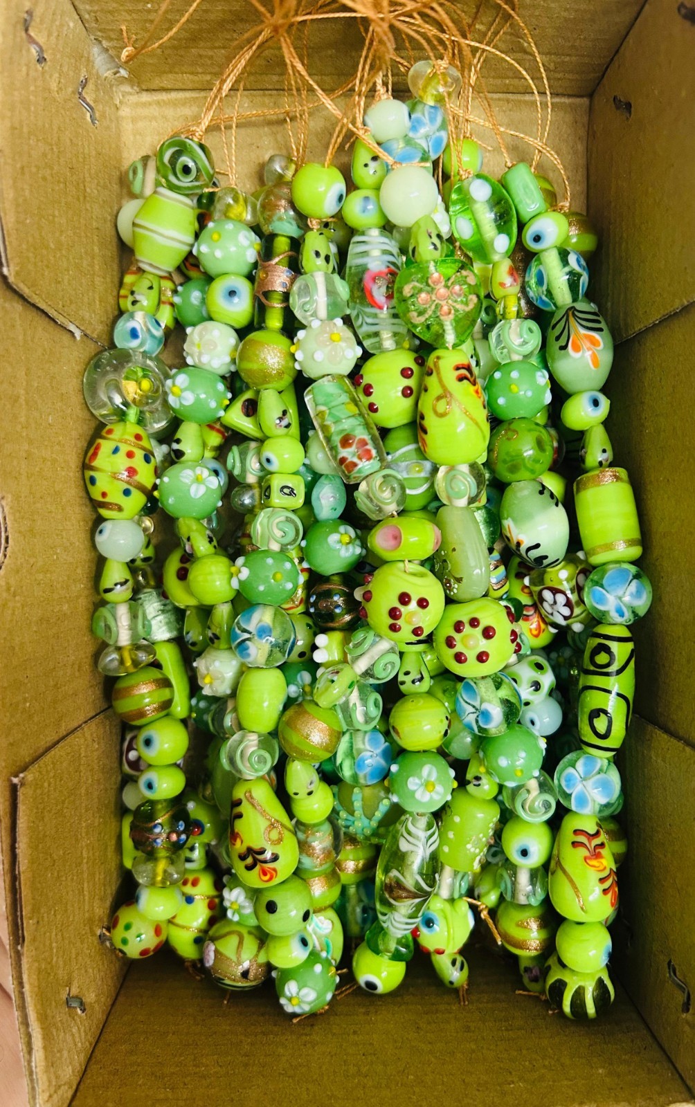 10 Strands Light Green Fancy Glass Beads Mix shapes , Duty Paid door delivery.