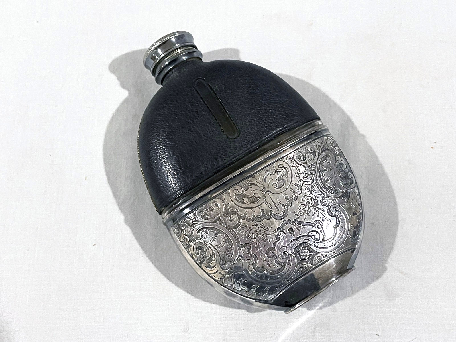 Antique JAMES DIXON & SONS SILVERPLATE & LEATHER FLASK