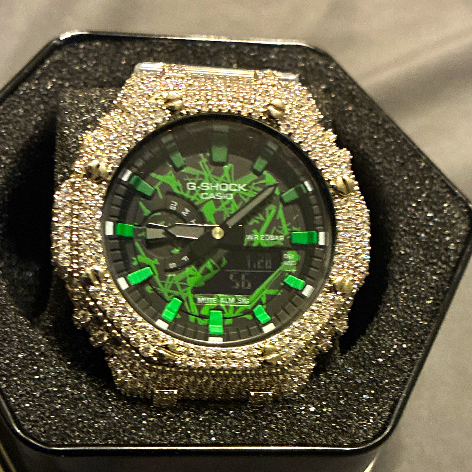 Casio G-SHOCK Analog/Digital Camo Black/Green Dial Clear Band 200m Box