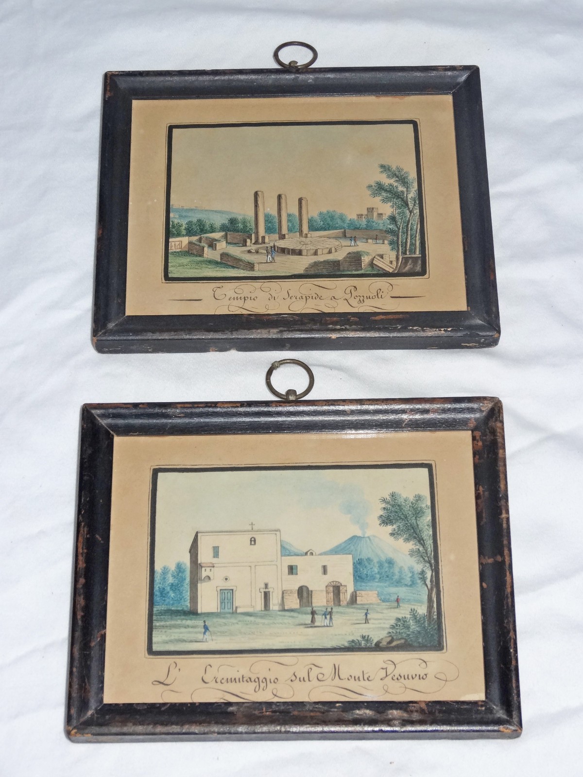 Set 2 19th Century Antique Italian Miniature Watercolor Paintings Vesuvius Italy