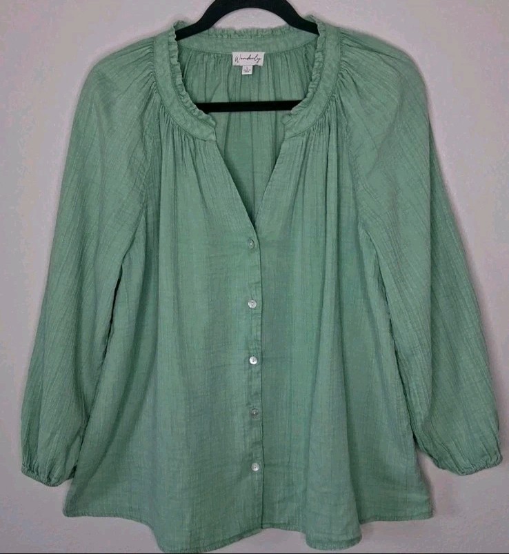 Wonderly Gauzy Cotton Top Ruffle Neck Wash Mint Green Peasant Boho Cozy L Wonderly Gauzy Cotton Top Ruffle Neck Wash Mint Green Peasant Boho Cozy L